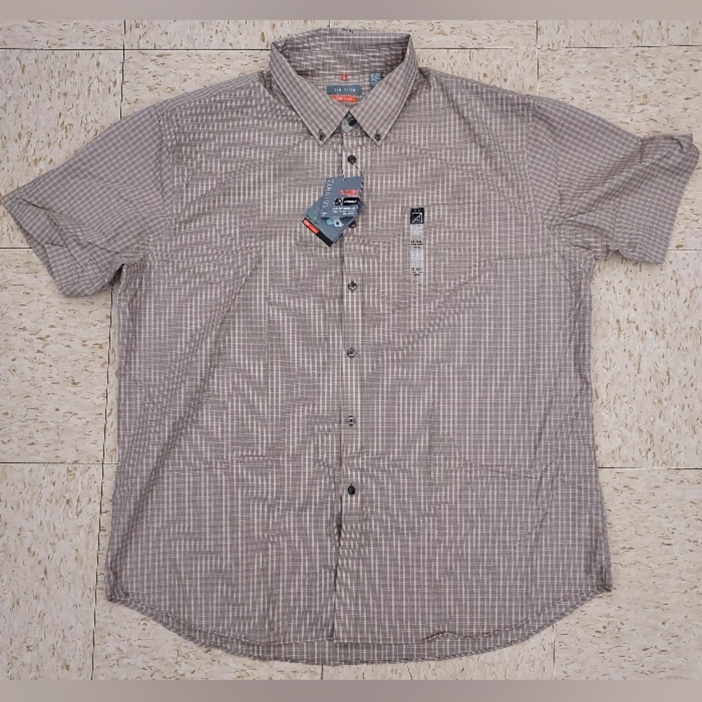 Van Heusen Traveler Kha Aluminium Checked Button Up Short Sleeve Shirt Men's XXL